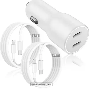 45W Fast Dual Port iPhone 14/13/12 Car Charger (MFi) w/ Cables