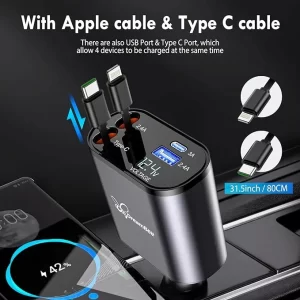 DreamBee 4-in-1 Car Charger 66W w Retractable Cables for iPhone2