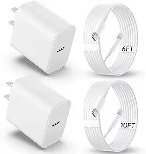 MFi Certified 20W PD Chargers 2-Pack w/ Long Cables for iPhone 8 To 14 (6ft/10ft)