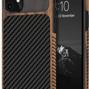 iPhone 11 Wood Grain Leather Case with Carbon Fiber Texture Design