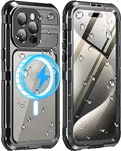 iPhone 15 Pro Max Black Metal Case, IP68 Waterproof 14ft Shockproof