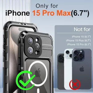 iPhone 15 Pro Max Black Metal Case, IP68 Waterproof 14ft Shockproof3